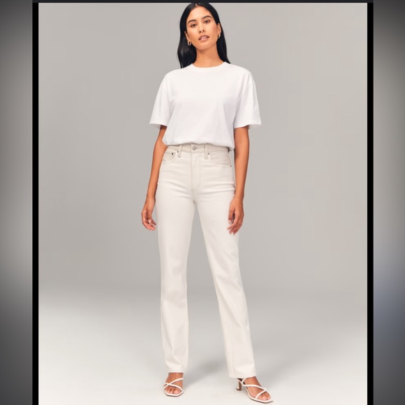 Abercrombie and Fitch Mixed Fabric 90’s Ultra High Rise White Jean Faux Leather - Picture 1 of 7